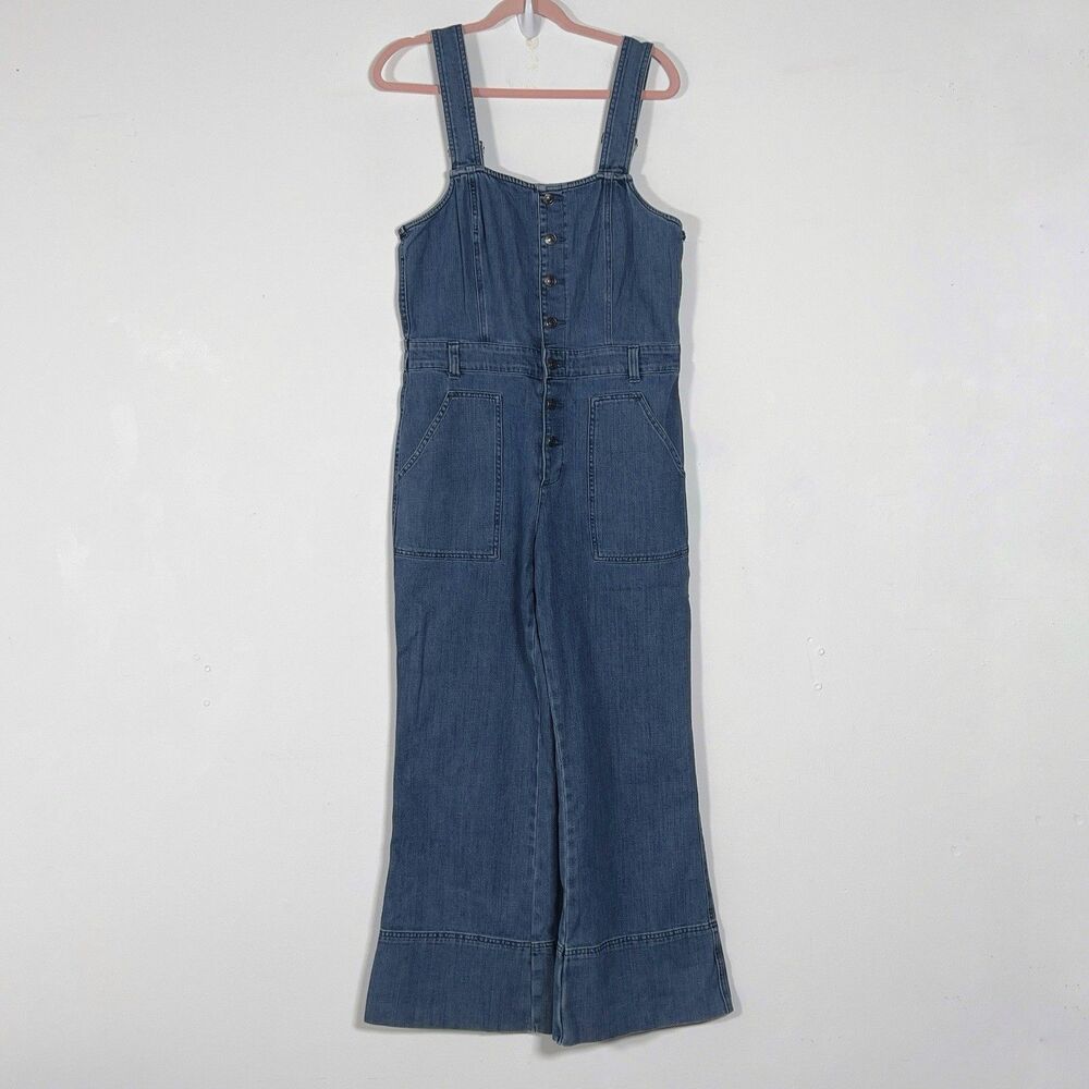 Aerie Denim Kick Flare Overalls Wide Leg Jumpsuit Womens Sz L Blue Button Front - Picture 2 of 16
